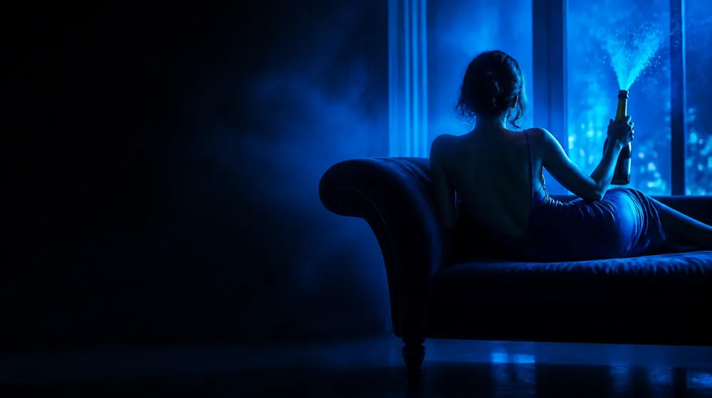 Orgasm OnlyFans creators — woman in a silk slip dress reclining on a chaise longue, a champagne cork mid-pop by the window