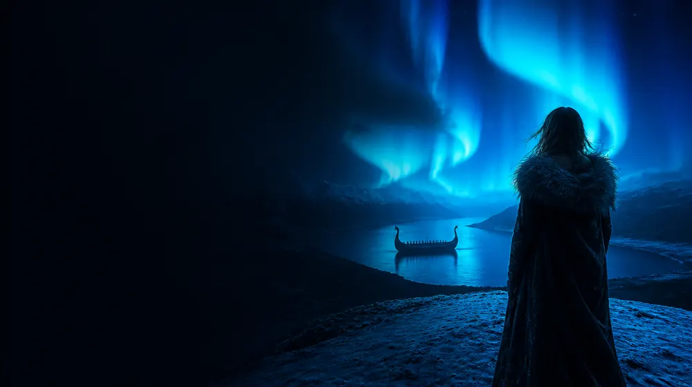 Oslo OnlyFans creators — woman beneath aurora lights over a snowy ridge, a viking ship monument on the glowing fjord