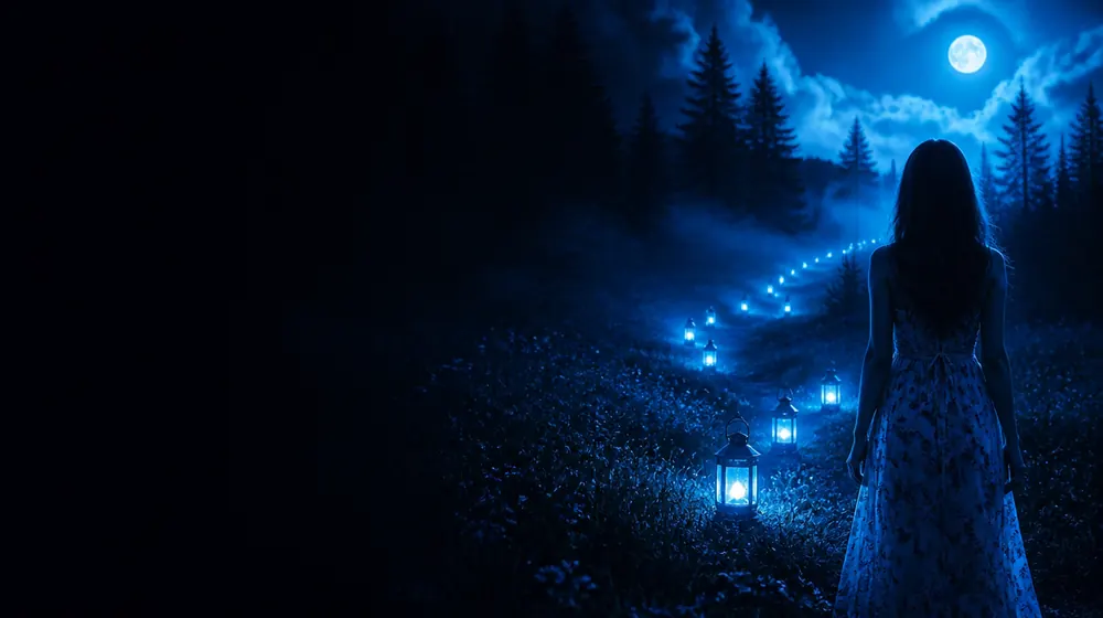 Outdoors OnlyFans creators — woman in a summer dress in a moonlit meadow, a trail of lanterns winding into the pines
