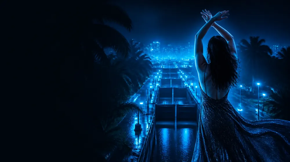 Panamanian OnlyFans creators — woman dancing under palm silhouettes and city lights, great canal locks glowing under the stars