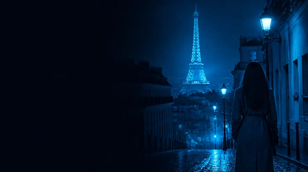 Paris OnlyFans creators — woman in a long coat on a lantern-lit cobblestone street, the Eiffel Tower sparkling above the rooftops