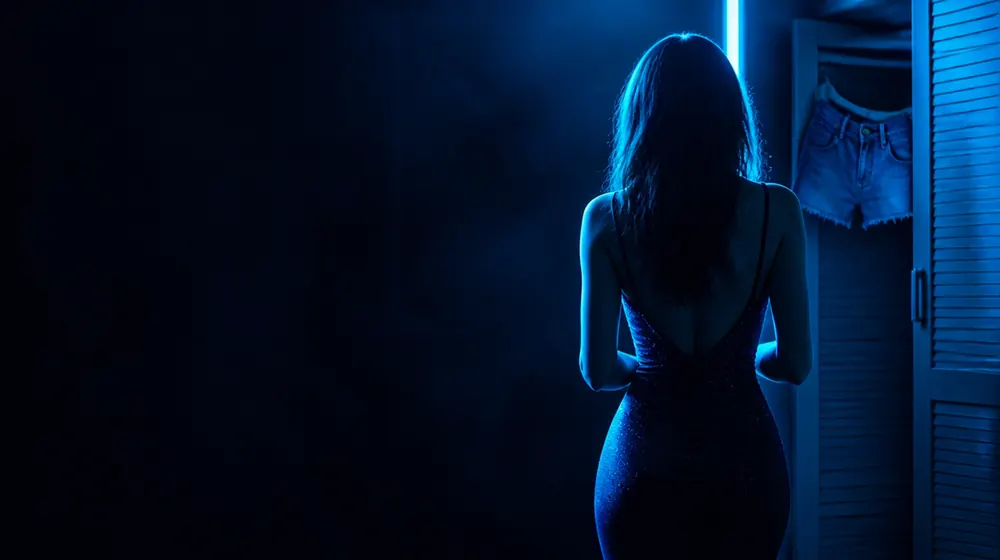 PAWG OnlyFans creators — woman in a fitted evening dress in neon rim light, denim shorts hanging on the wardrobe door
