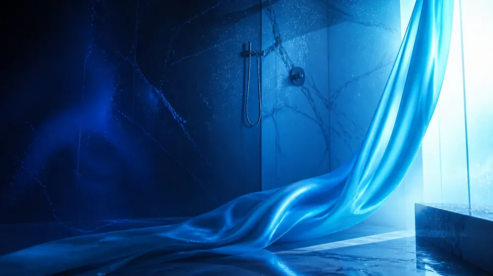 Pee OnlyFans creators — silk fabric rippling in cool blue light, a marble wet room glistening with droplets