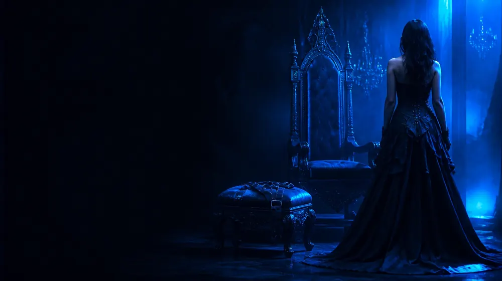 Pegging OnlyFans creators — woman in a black gown before a throne in blue light, a buckled harness laid on the velvet stool