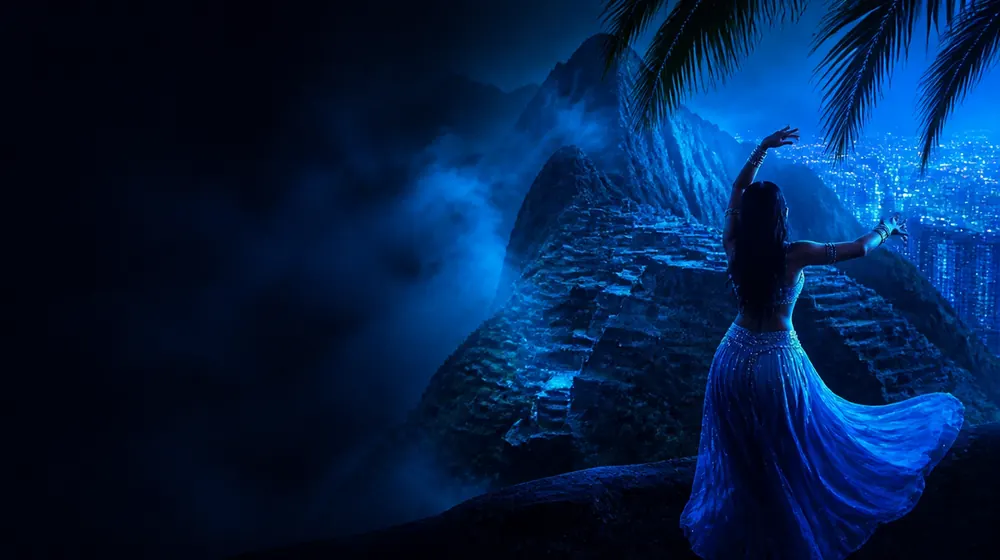 Peruvian OnlyFans creators — woman dancing under palm silhouettes and city lights, terraced inca ruins on the misty ridge