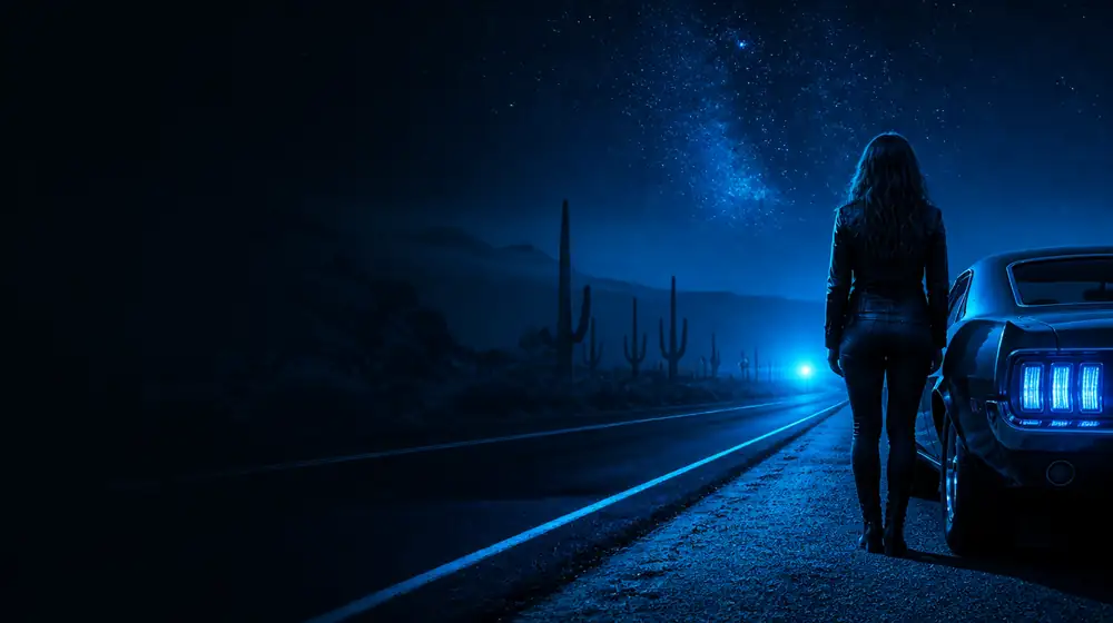 Phoenix OnlyFans creators — woman beside a classic muscle car on a starlit highway, saguaro silhouettes against the desert skyline
