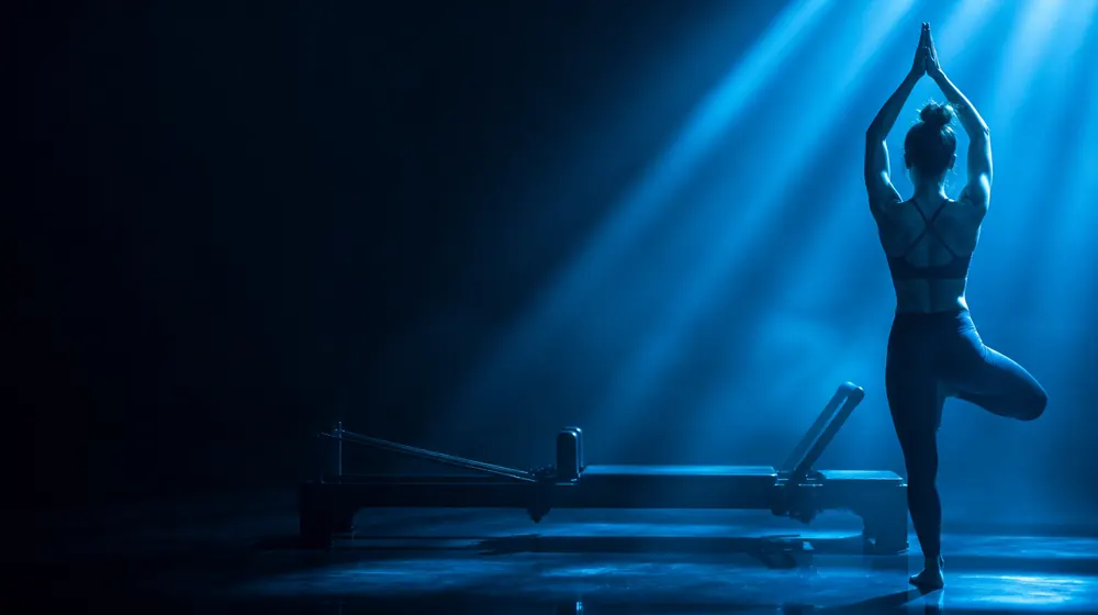 Pilates OnlyFans creators — woman in a yoga pose crossed by soft light beams, a reformer machine stretched in the studio