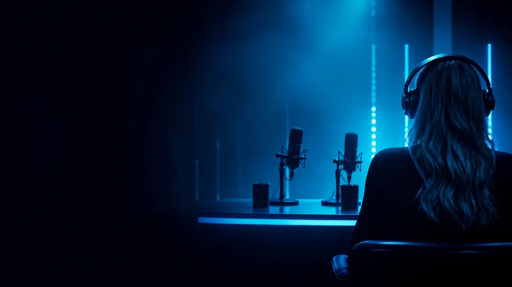 Podcast OnlyFans creators — woman with headphones at a glowing microphone desk, a dual-mic table set for the show