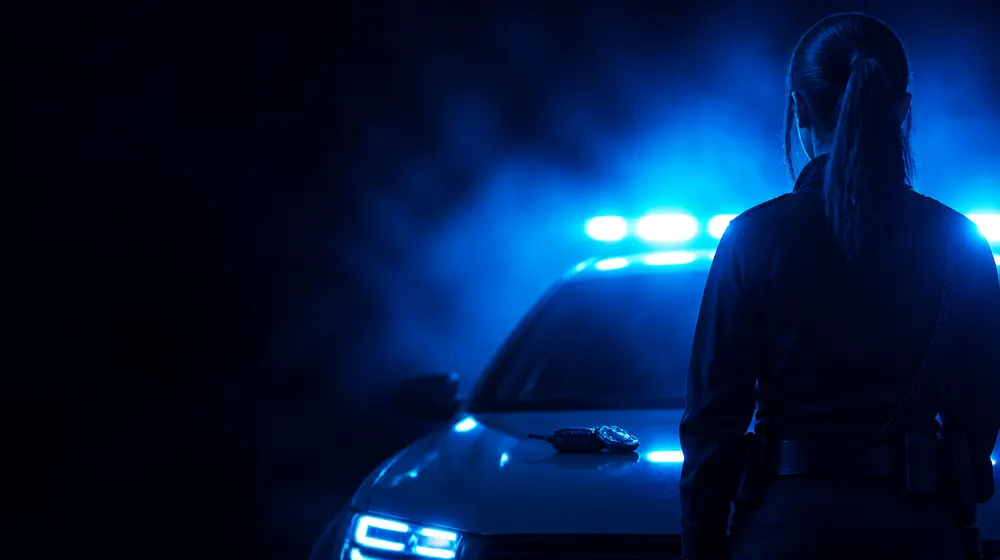 Creator OnlyFans ngách Police Officer — người phụ nữ mặc đồng phục làm nhiệm vụ bên xe tuần tra với đèn chớp xanh, phù hiệu và bộ đàm đặt trên nắp capo xe