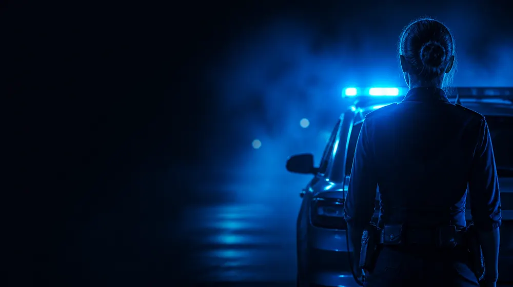 Police OnlyFans creators — woman in duty uniform beside a patrol car with blue lights