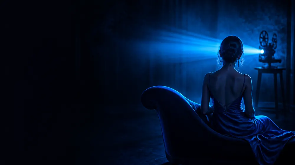 Porn OnlyFans creators — woman in a silk slip dress reclining on a chaise longue, a film projector beaming in the dark
