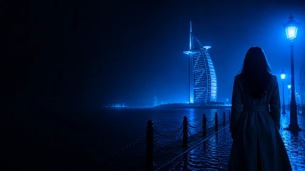Portsmouth OnlyFans creators — woman in a long coat on a lantern-lit cobblestone street, a great sail-shaped tower over the harbour