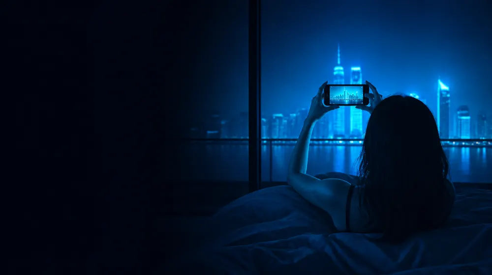 POV OnlyFans creators — woman on a bed lit by a smartphone glow, outstretched hands framing the phone shot