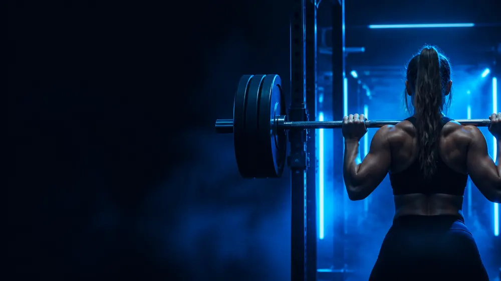 Powerlifter OnlyFans creators — athlete training in a neon-lit gym, a loaded barbell bending across the rack
