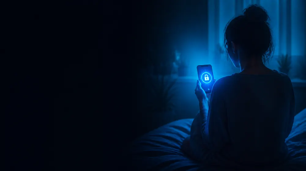 PPV OnlyFans creators — woman on a bed lit by a smartphone glow, a padlocked reel glowing on the screen