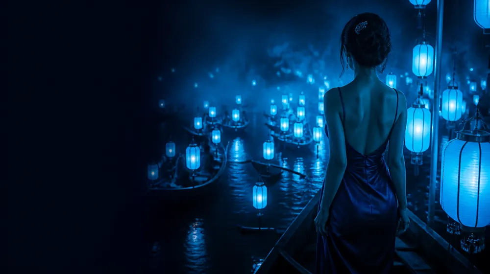 Praew Asian OnlyFans creators — woman in a silk dress among glowing paper lanterns, a floating market of lantern-lit boats