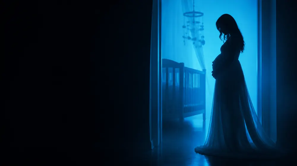 Preggo OnlyFans creators — expecting mother in profile silhouette with soft rim light, a nursery crib silhouette in the next room