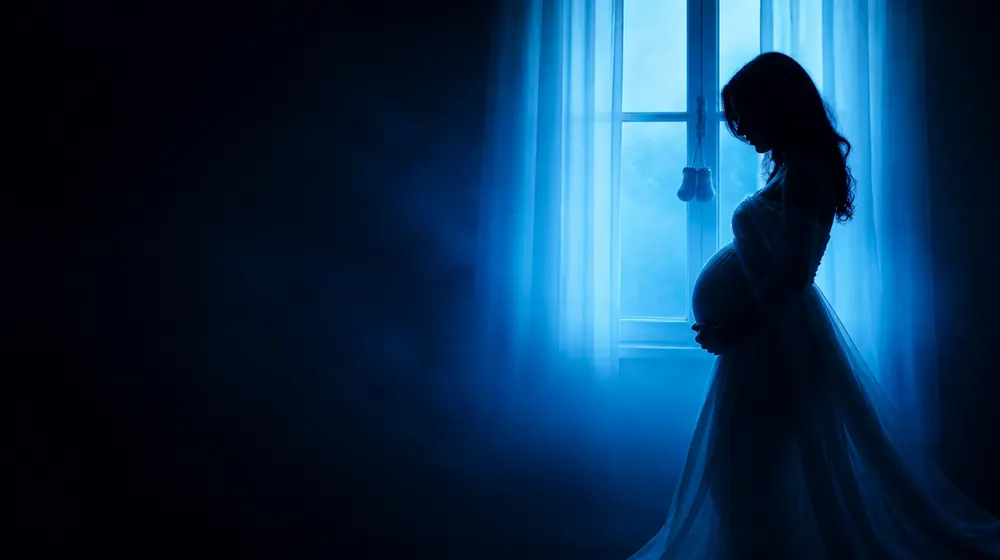 Pregnant OnlyFans creators — expecting mother in profile silhouette with soft rim light, tiny booties hanging from the window latch