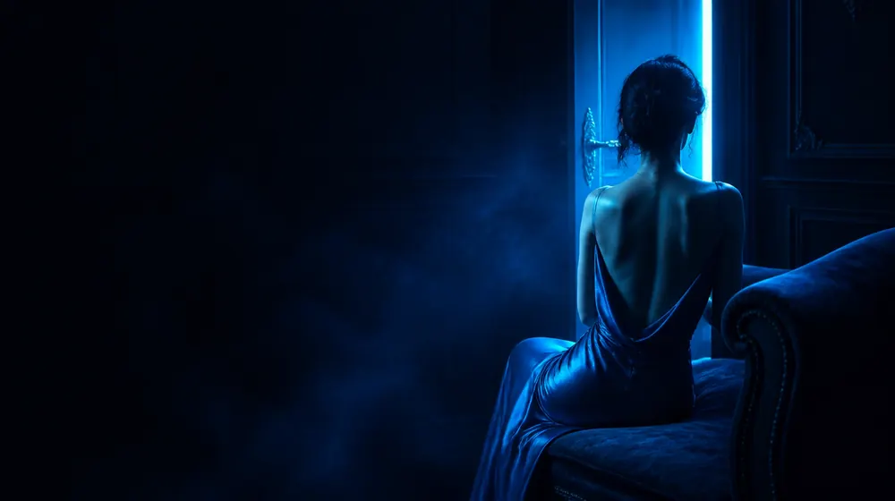 Private Porn OnlyFans creators — woman in a silk slip dress reclining on a chaise longue, a keyhole of light from the private door