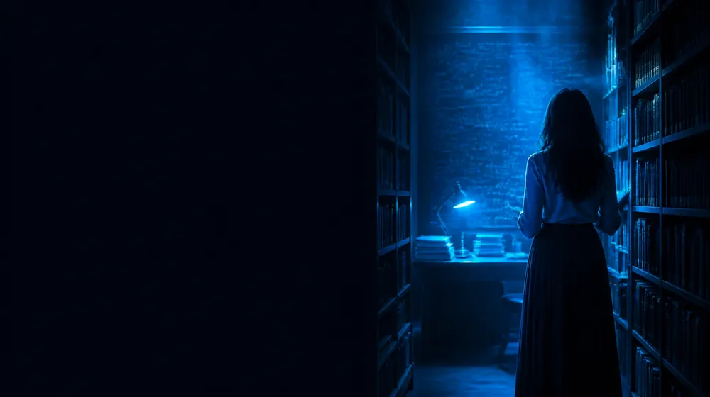 Professor OnlyFans creators — woman between tall library shelves in cool lamplight, a chalkboard of formulas behind the desk