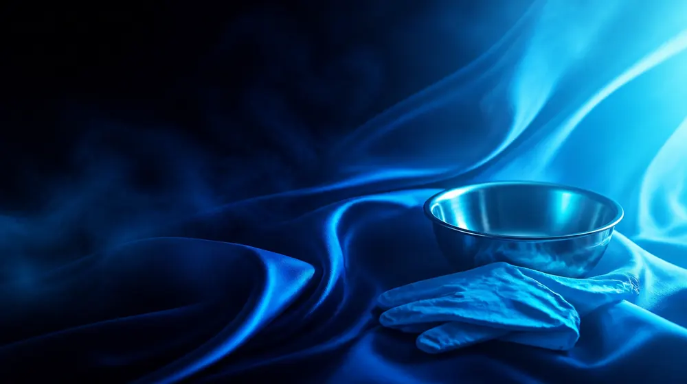 Prostate Milking OnlyFans creators — silk fabric rippling in cool blue light, surgical gloves folded by the steel bowl
