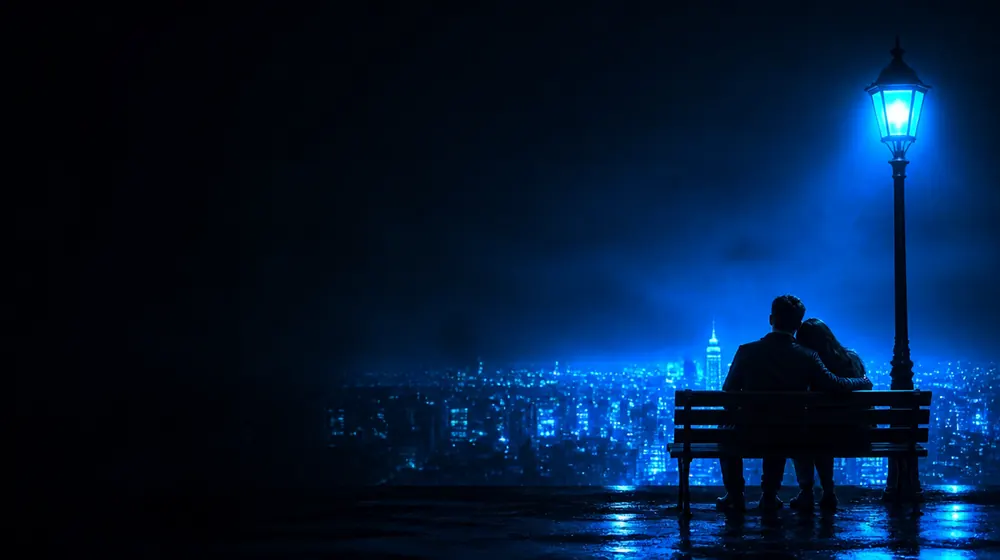 Public Sex OnlyFans creators — couple embracing on a rooftop above a glowing city, a park bench under a single lamp post