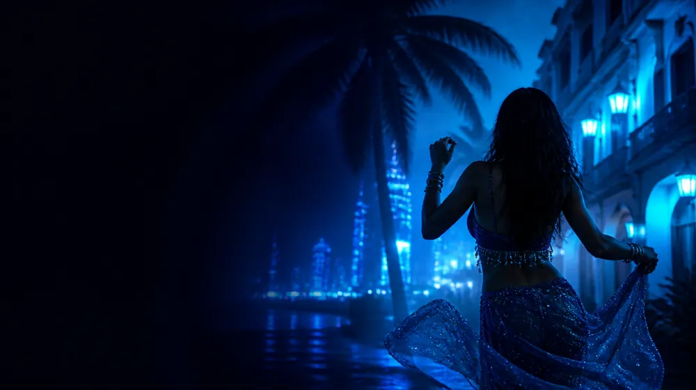 Puerto Rican OnlyFans creators — woman dancing under palm silhouettes and city lights, colourful old-town balconies in lantern light