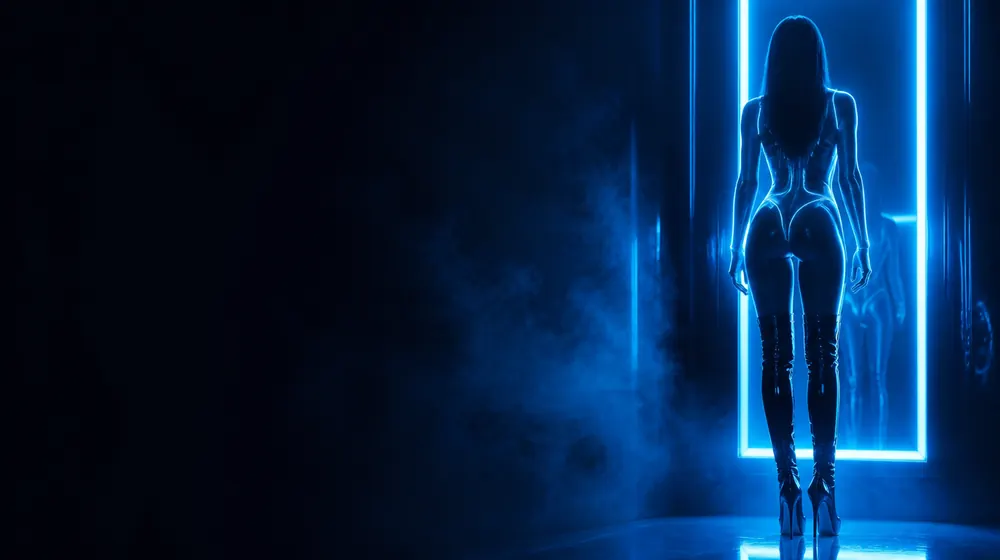 Pvc OnlyFans creators — woman in a glossy catsuit traced by neon light, vinyl thigh boots standing by the mirror