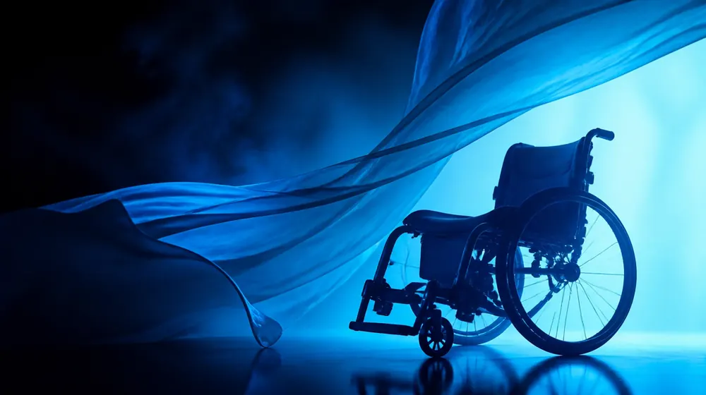 Quadriplegic OnlyFans creators — silk fabric rippling in cool blue light, an adaptive chair silhouetted in soft light