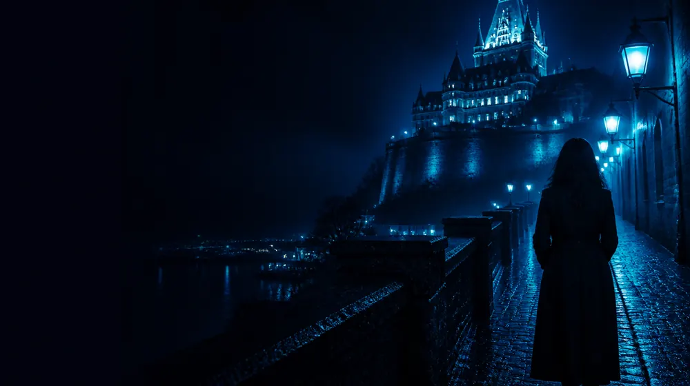 Quebec OnlyFans creators — woman in a long coat on a lantern-lit cobblestone street, a castle-hotel crowning the old city walls