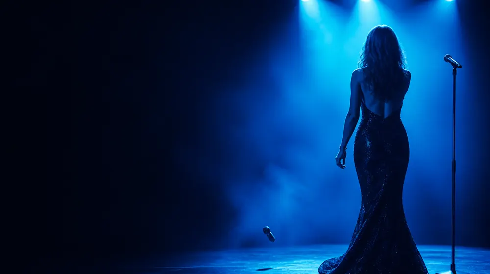 Rapper OnlyFans creators — woman at a microphone stand on a spotlit stage, a mic drop frozen mid-fall on stage