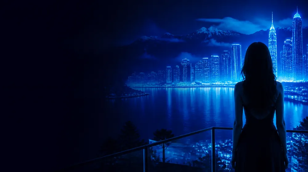 Reno Tahoe OnlyFans creators — woman on a rooftop overlooking a glowing skyline, an alpine lake shimmering beneath the peaks