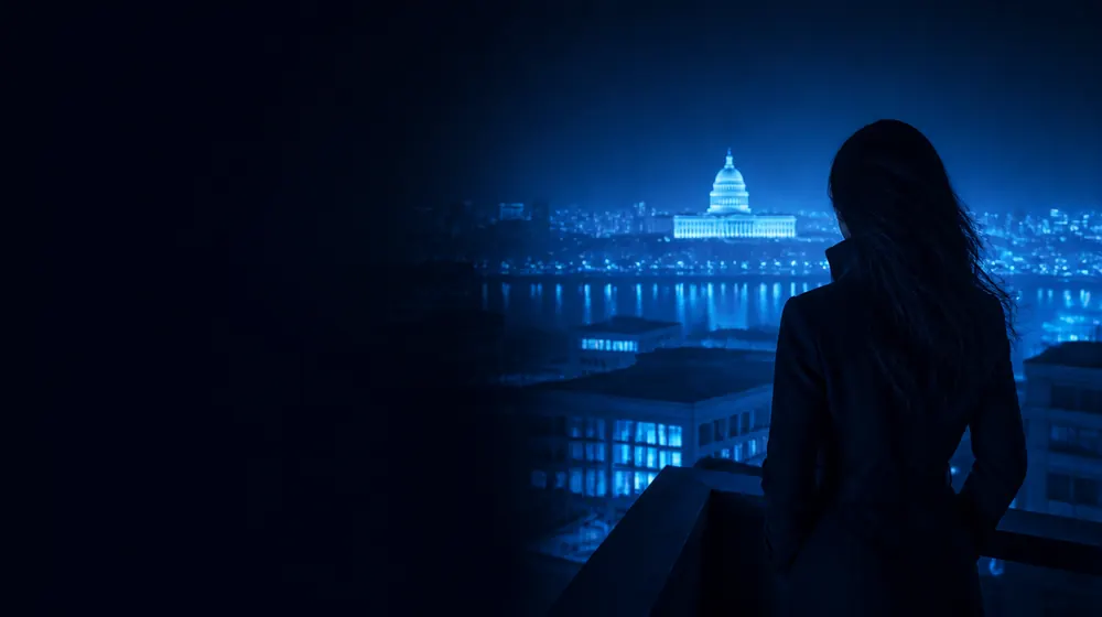 Richmond OnlyFans creators — woman on a rooftop overlooking a glowing skyline, a columned capitol glowing above the james river