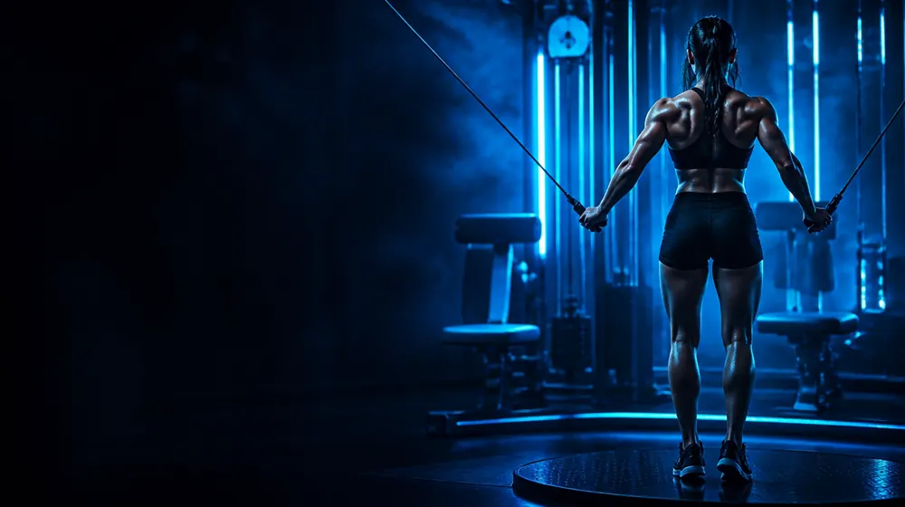 Ripped OnlyFans creators — athlete training in a neon-lit gym, cable machines fanned around the platform