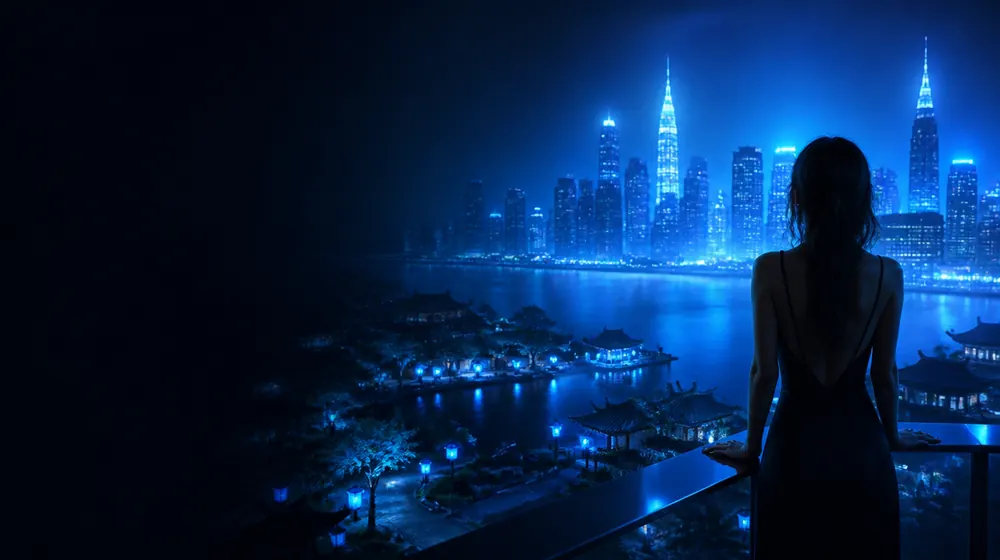 Rockford OnlyFans creators — woman on a rooftop overlooking a glowing skyline, a lantern-lit japanese garden beside the river