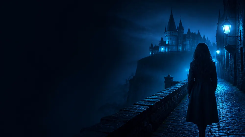 Romanian OnlyFans creators — woman in a long coat on a lantern-lit cobblestone street, a clifftop castle with pointed towers