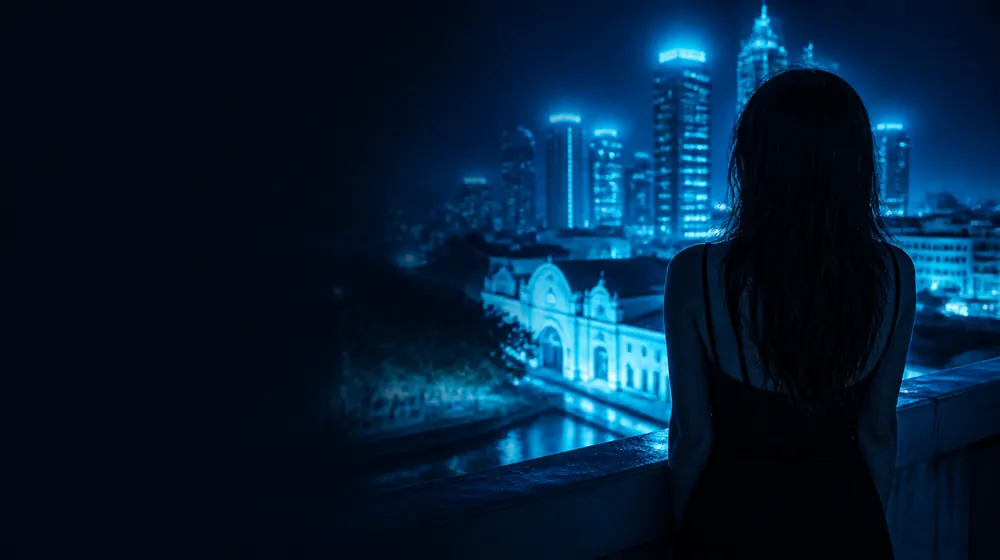San Antonio Metro OnlyFans creators — woman on a rooftop overlooking a glowing skyline, the arched mission facade lit along the riverwalk