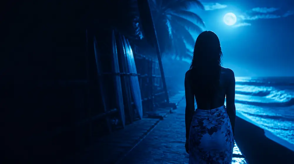 San Diego OnlyFans creators — woman in a sarong on a moonlit beach with glowing surf, surfboards racked along the moonlit boardwalk