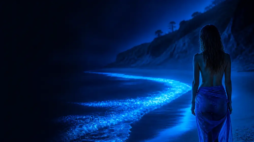 San Luis Obispo OnlyFans creators — woman in a sarong on a moonlit beach with glowing surf, coastal bluffs above the glowing cove