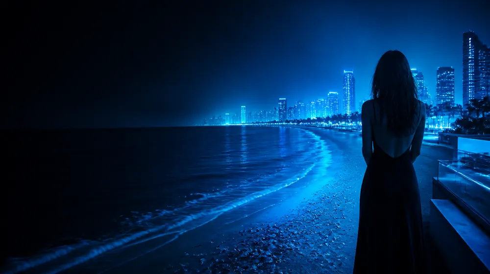 Sarasota OnlyFans creators — woman on a rooftop overlooking a glowing skyline, white sand and shell-strewn shoreline below