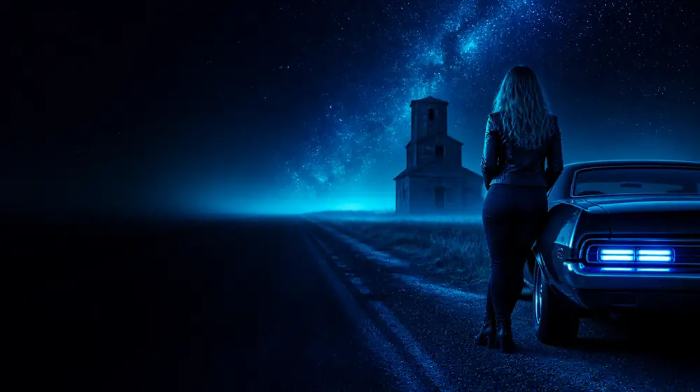 Saskatchewan OnlyFans creators — woman beside a classic muscle car on a starlit highway, a wooden grain elevator standing on the plain