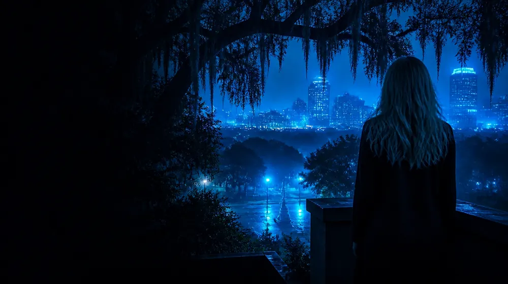 Savannah OnlyFans creators — woman on a rooftop overlooking a glowing skyline, moss-draped oaks arching over the square