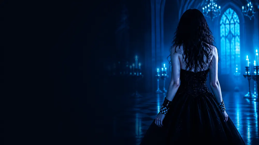 Scene Girl OnlyFans creators — woman in a black gown in a candle-lit gothic hall, checkered wristbands and pins on the cuff