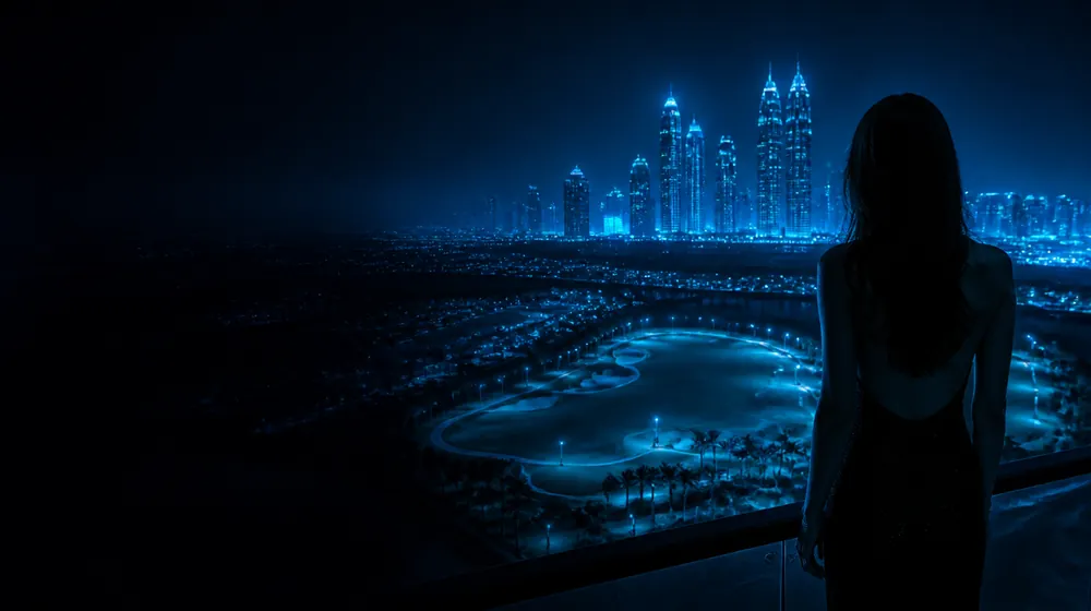 Scottsdale OnlyFans creators — woman on a rooftop overlooking a glowing skyline, a desert golf green glowing at the resort