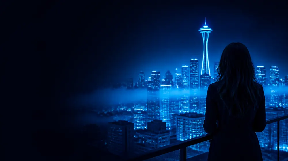 Seattle OnlyFans creators — woman on a rooftop overlooking a glowing skyline, the Space Needle rising above the skyline