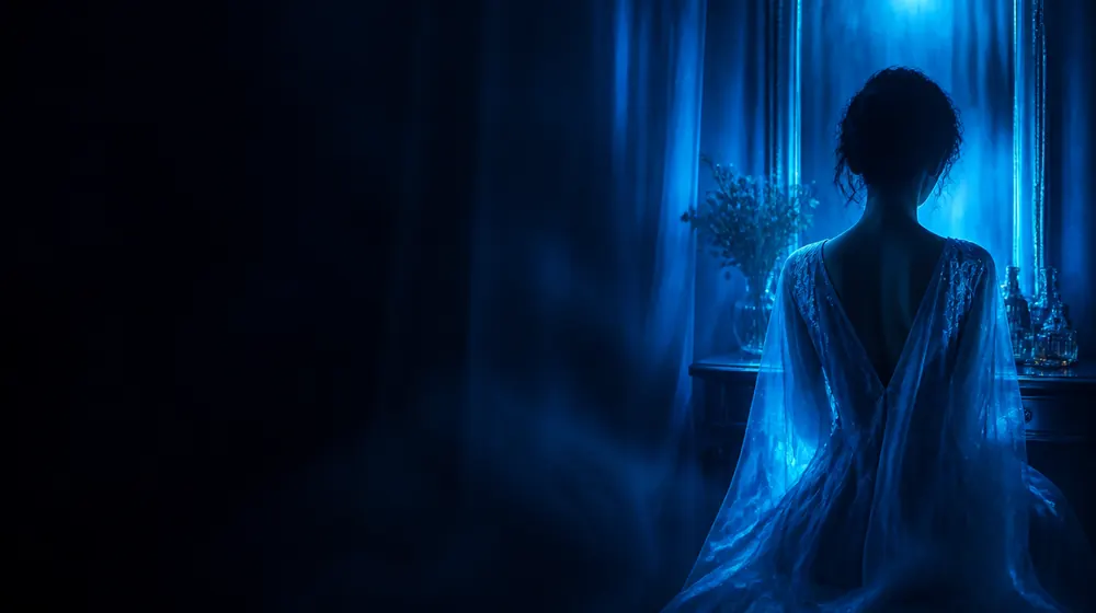 See Through OnlyFans creators — woman in a silk robe at an elegant dressing table, sheer organza panels layered in the light