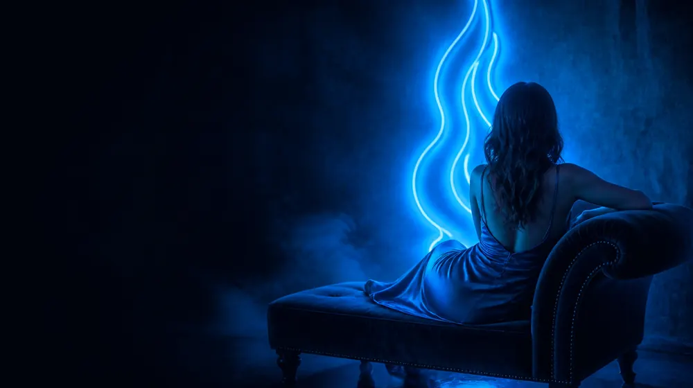 Sex OnlyFans creators — woman in a silk slip dress reclining on a chaise longue, two candles-free neon flames entwined on the wall