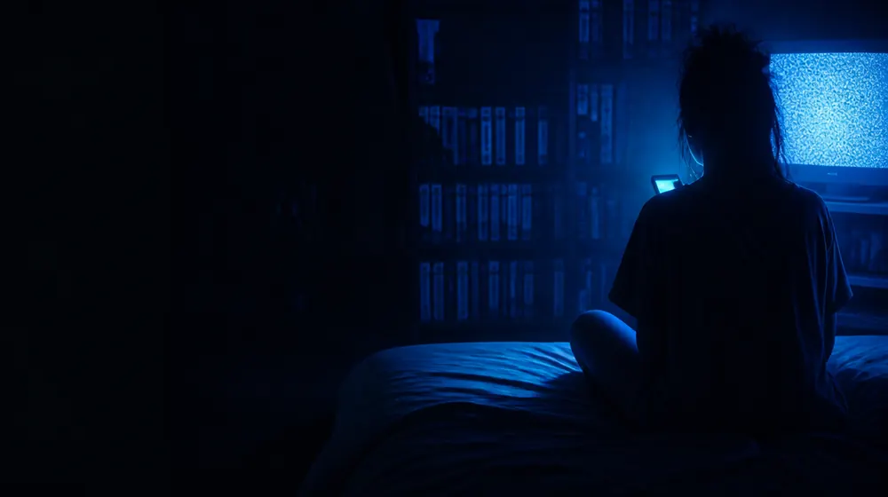 Sex Tapes OnlyFans creators — woman on a bed lit by a smartphone glow, a shelf of labelled vhs tapes by the tv glow