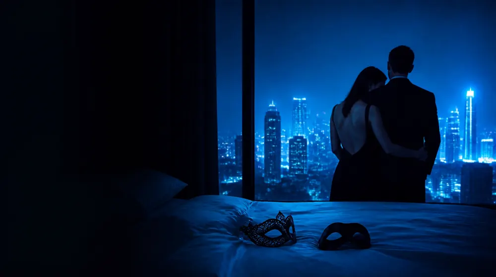 Sex With Strangers OnlyFans creators — couple embracing on a rooftop above a glowing city, two masks left on the hotel bed