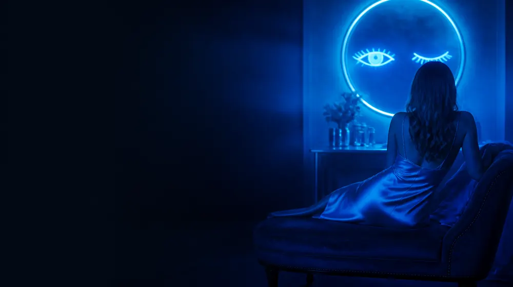 Sexy OnlyFans creators — woman in a silk slip dress reclining on a chaise longue, a neon wink sign glowing over the vanity